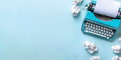 Minimalist workspace with a typewriter, crumpled papers, and blank canvas on a light gray background, symbolizing a writer's journey for National Novel Writing Month.
