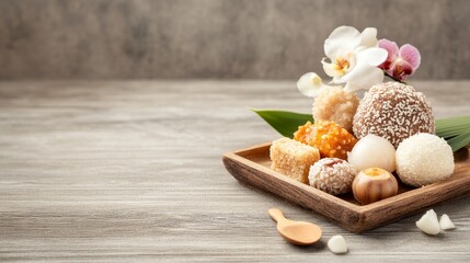 Thai dessert assortment on wooden tray with orchids, showcasing rich textures and warm tones, embodying cultural celebration and rustic elegance