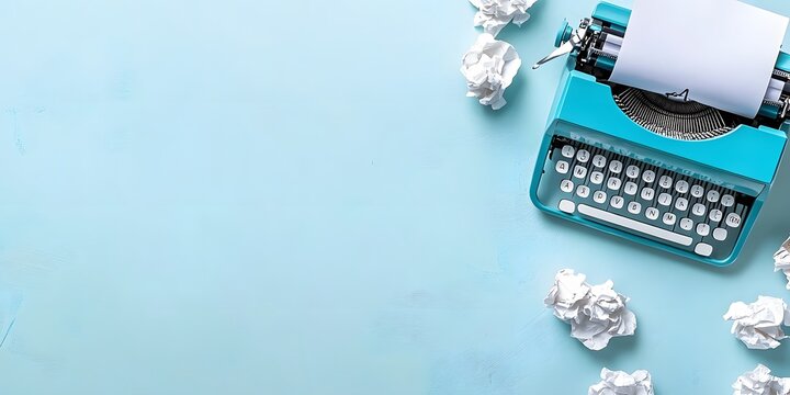 Minimalist workspace with a typewriter, crumpled papers, and blank canvas on a light gray background, symbolizing a writer's journey for National Novel Writing Month.