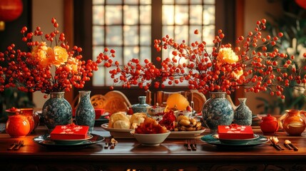 Festive dining table adorned with flowers and traditional dishes.