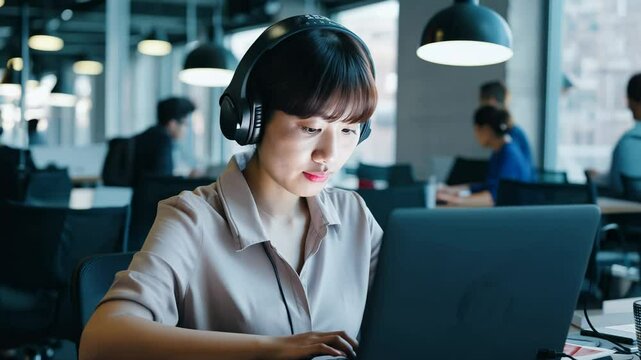 Static video with flag light of young asian woman with pixie cut working on laptop in bustling coworking space