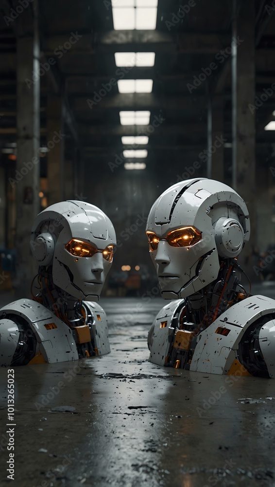 Poster two robots with futuristic helmets face each other in a concrete environment.