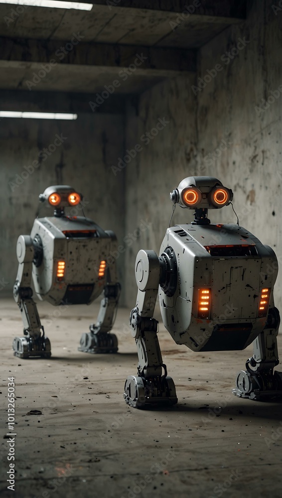 Poster two robots with futuristic helmets face each other in a concrete environment.