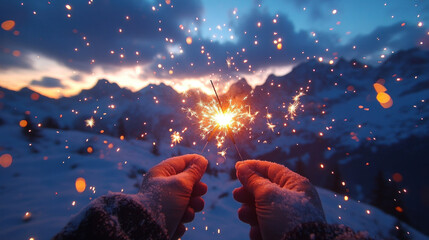 Hands holding sparklers against a backdrop of snowy mountains and winter skies, celebrating New Year Eve