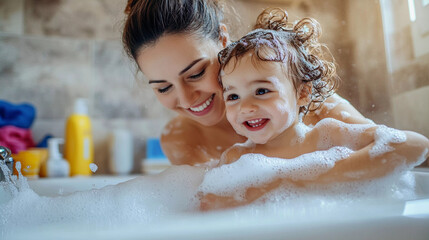 Mother bathing little baby in bathtub