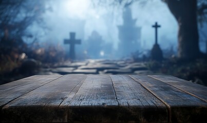 Wooden Table in a Mysterious Foggy Cemetery