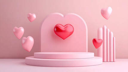 platform and pink heart shaped decoration against pink background, pedestal adorned with vivid pink hearts, for Valentine's Day presentations or displays, background with heart and podium, 3d render
