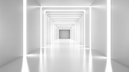 Fototapeta premium White background 3D room light abstract space technology tunnel stage floor. Empty white future 3D neon background studio futuristic corridor render modern interior silver road black wall 