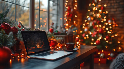Modern holiday workspace with Christmas tree, festive decorations, laptop, and coffee cup on a sleek desk