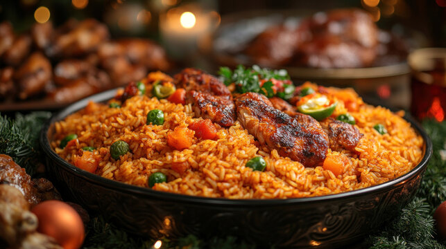Nigerian Christmas Feast: Nigerian Jollof rice, fried chicken, and moi moi, served in a festive setting with family celebrating together