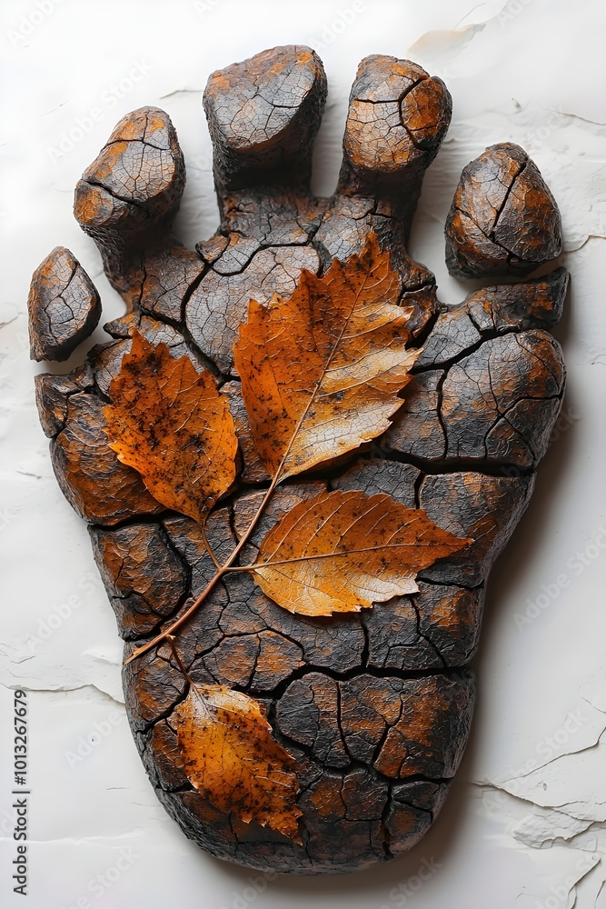 Poster a close-up of a footprint cast in hardened mud with fall leaves resting on top. the cracked texture 