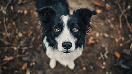Fototapeta premium Black and White Dog Looking Up