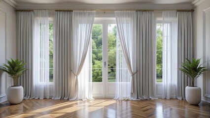Fototapeta premium Bright and stylish, elegant white curtains elevate modern spaces, bringing a fresh, airy vibe to any room and