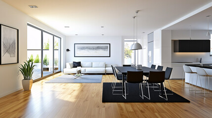 Fototapeta premium Sleek, open-plan living and dining area featuring minimalist decor. A black dining table with simple chairs, white sectional couch, and wooden floors. Simple, airy design