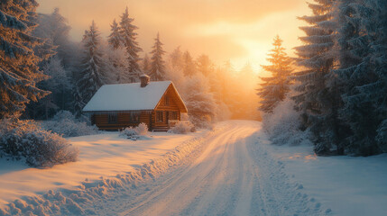 Obraz premium Scenic snow-covered road leading to a cozy cabin in a pine forest, surrounded by tall, frosty trees