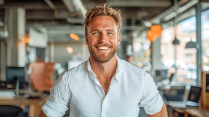 Obraz premium Cheerful professional in a modern business environment, exuding confidence and approachability, surrounded by a sleek, open office layout and bright, inviting atmosphere