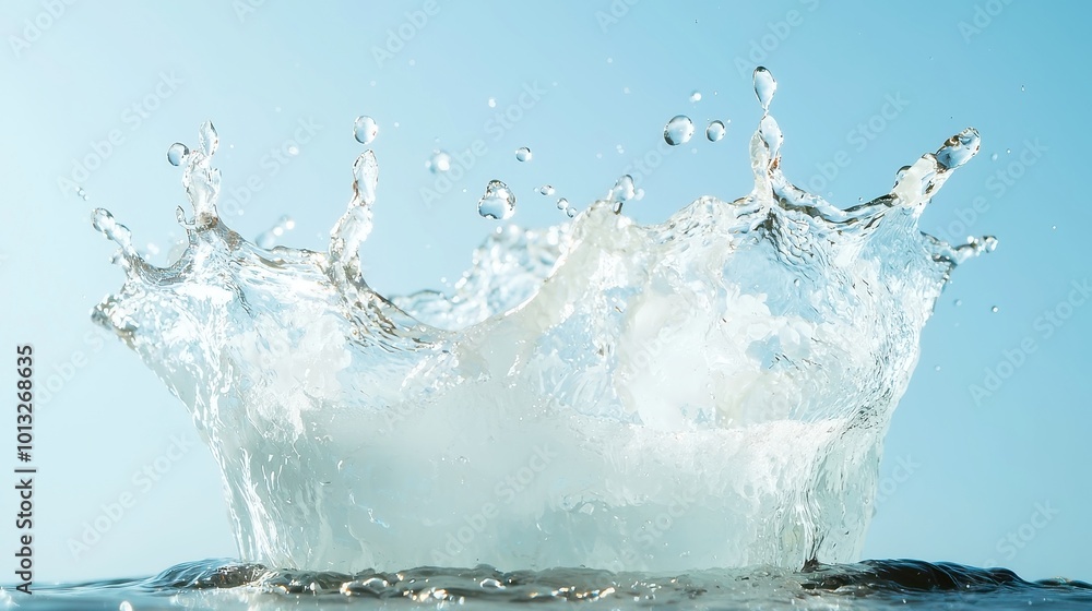 Poster water droplets cascading, creating a mesmerizing splash, with ample negative space inviting contempl