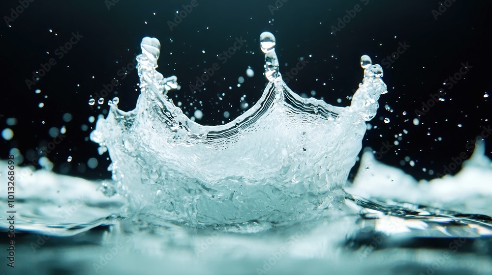 Poster water droplets cascading in a mesmerizing splash, dynamic movement captured in mid-air, creating a s