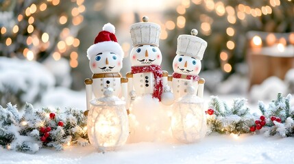 Three festive snowmen, adorned with winter accessories, stand in a snowy landscape decorated with twinkling lights, creating a magical holiday scene.