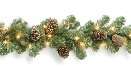 A festive garland featuring pinecones and warm white lights on lush green foliage, perfect for holiday decor.