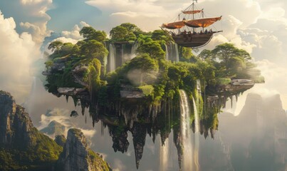 Obraz premium Floating island discovery by intrepid explorers aboard a fantastical airship, verdant forests and cascading waterfalls cascading from the skyborne landmass, 4K hyperrealistic photo