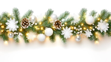 Obraz premium A festive arrangement featuring evergreen branches, pine cones, white snowflakes, and ornaments, enhanced with twinkling lights.