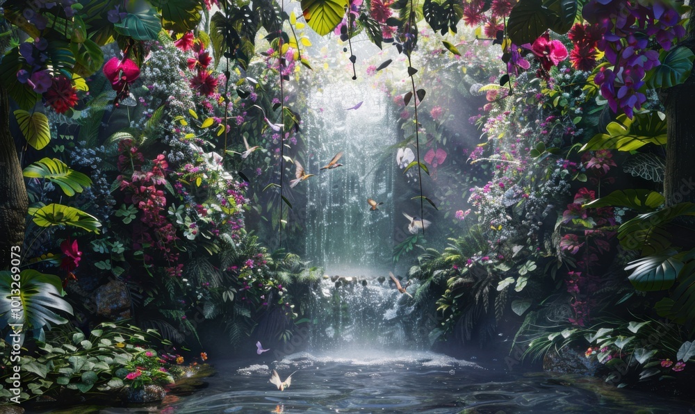 Canvas Prints Secret garden hidden behind a waterfall, exotic blooms and cascading vines creating a mystical atmosphere, with hummingbirds darting among the petals, 4K hyperrealistic photo