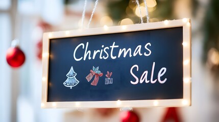 A festive sign promoting a Christmas sale, featuring holiday decorations and bright lettering, conveying a cheerful shopping atmosphere.