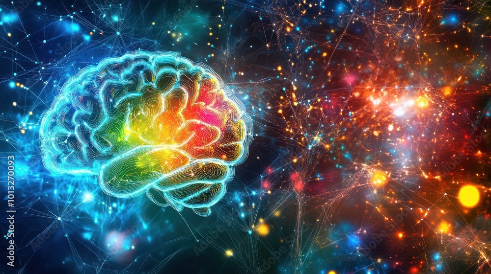 Poster a colorful human brain glows brightly against a dark background with a network of lines and bright p