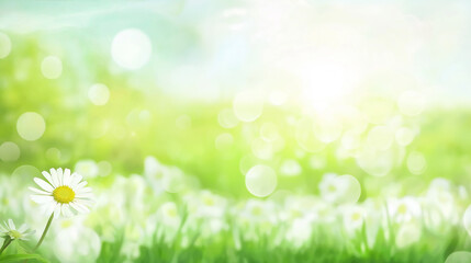 Obraz premium Spring flower,green meadow ,Summer day , daisy, sunlight, sun, white,bokeh, blur, background.