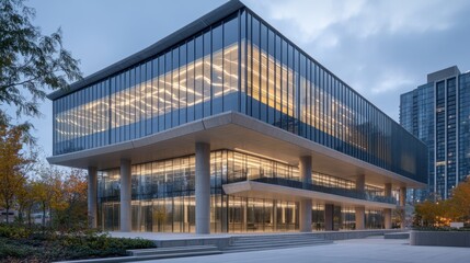 Obraz premium Contemporary glass office building with sleek design and large windows, illuminated from within at dusk, set in an urban environment with high-rise buildings. 