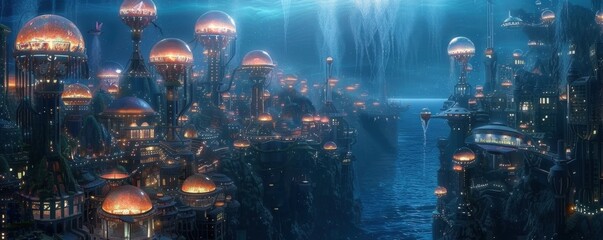Obraz premium Futuristic submerged city with domed buildings and jellyfish lighting, 4K hyperrealistic photo
