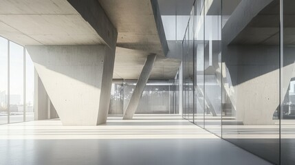 Spacious minimalist interior featuring exposed concrete beams and glass walls, creating a sleek, industrial design with natural light and open space.

