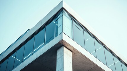 Obraz premium Close-up of a sleek, minimalist glass building supported by concrete columns, showcasing clean lines and contemporary architectural design in an urban setting. 