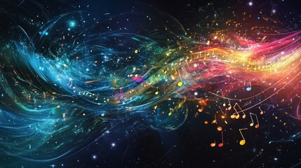 Obraz premium Abstract colorful background with musical notes and a starry night sky.