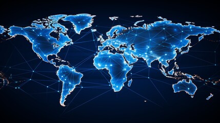 Fototapeta premium Abstract digital world map with globe, network connections, and blue background for connectivity