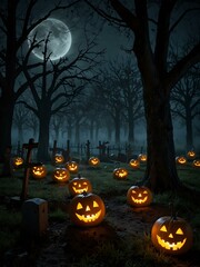 Spooky graveyard scene with jack-o-lanterns lighting the way.
