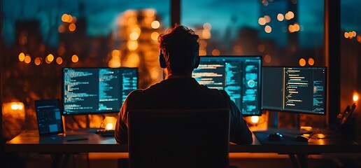 Silhouette of a programmer working on a computer at night.