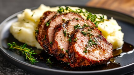 Savory tenderloin served with creamy mashed potatoes and rich herb butter, a quintessential comfort food delight