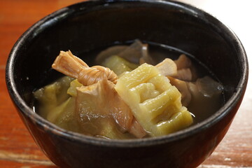 Dolly, close up of Stewed bitter gourd with mushroom, Vegetarian food design for Vegetarian Festival also known as Nine Emperor Gods Festival. Vegan and vegetarian food idea concept. 