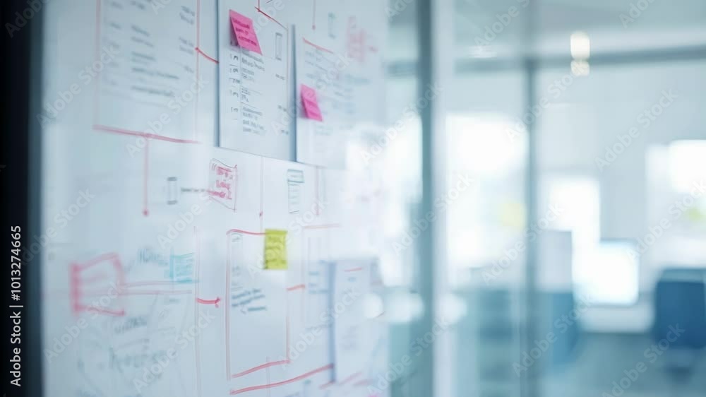 Poster whiteboard filled with diagrams, notes, and ideas highlights the problem solving process in a modern
