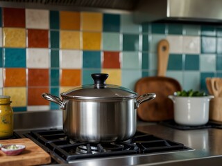 Stainless steel pot on a stovetop with colorful tiles behind.