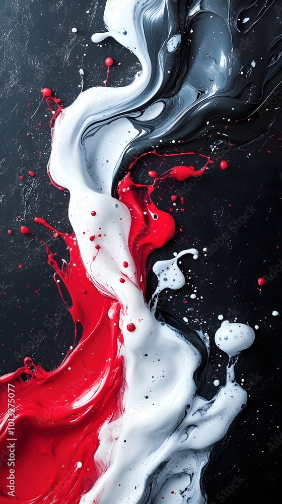 Poster red, white, and black paint splatter on a dark background, creating an abstract and dynamic composit