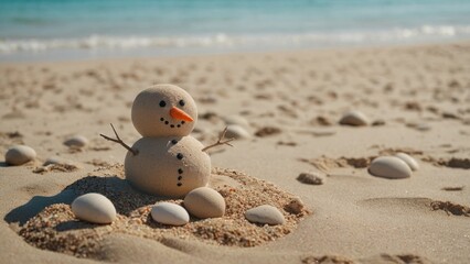 Obraz premium Beach Snowman on a Sunny Sandy Shore, tropical Christmas in summer