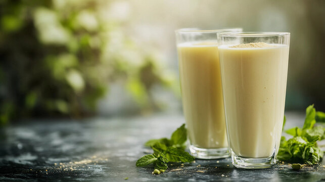 Desi drink chaas glass on table with natural background