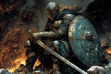 A lone knight in full armor sits amidst fiery destruction, his sword drawn and his shield at the ready.