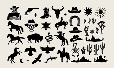 Vector set contains 45 black Western-themed icons, including cowboys, horses, desert landscapes, cacti,, skulls, boots, and stars.