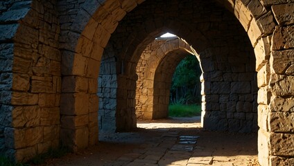Stone pathway through an archway leading to light.