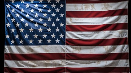 Close up of american flag with stars and stripes against white background featuring hanging cross