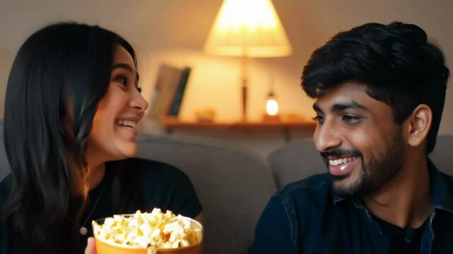 Camera zooms in on two friends watching a movie in a cozy living room, one smiling, the other serious, both holding popcorn. Practical lighting and slow motion enhance this medium two-video.